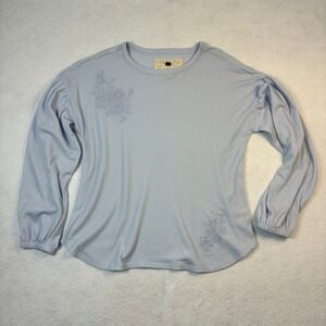 Cupio Blush Waffle Knit Floral Embroidered Top Light Blue Boho M